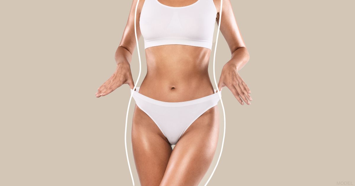 Woman in white lingerie holding the side of the fabric, with a graphic white line outlining the contours of her body. (MODEL)